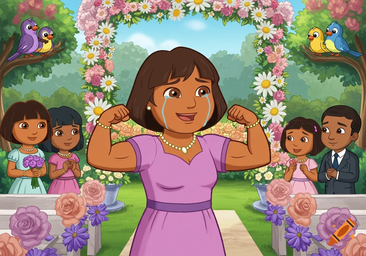 Cartoon Dora the Explorer's mom flexes and cries at an outdoor wedding with Dora, family, and birds.