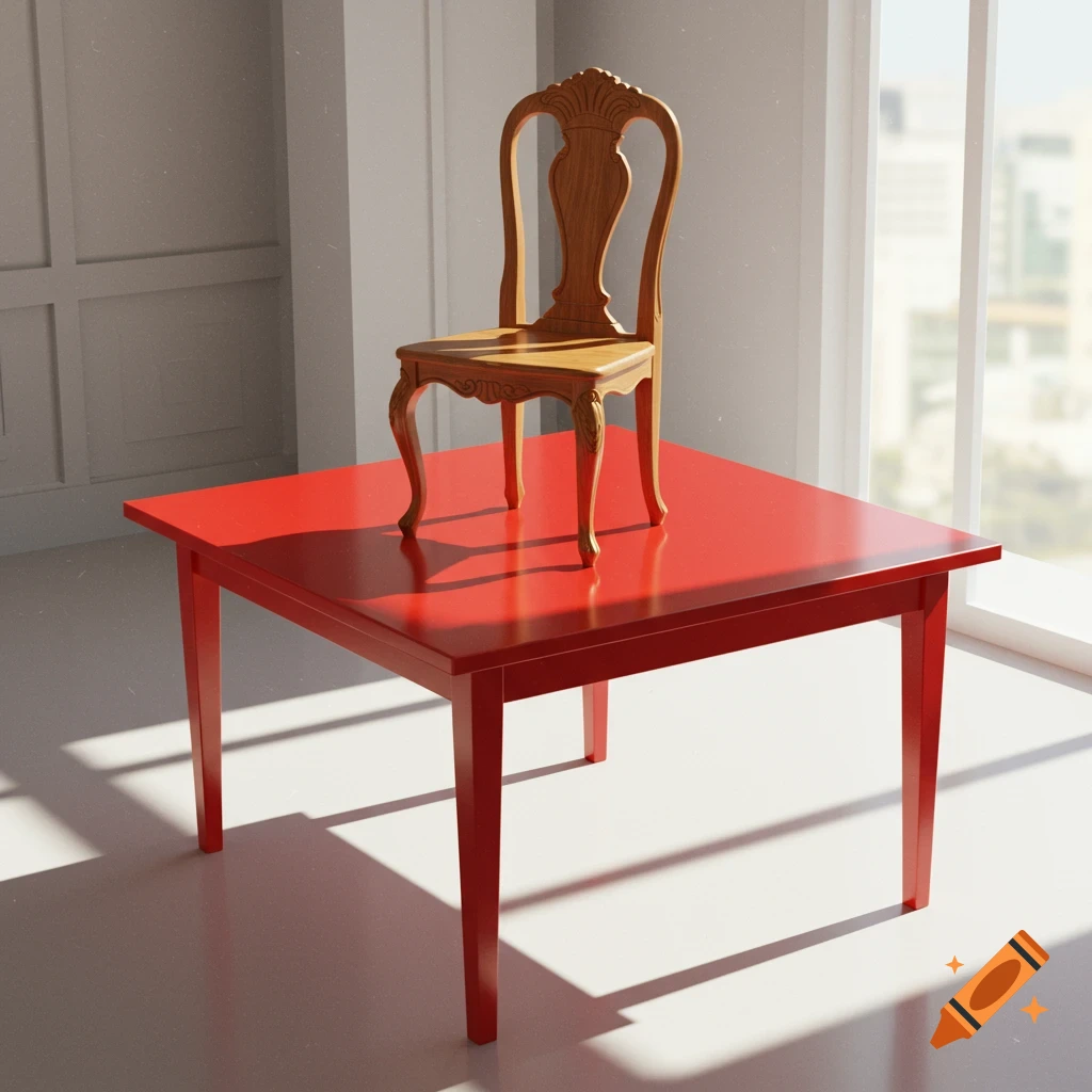 A wooden chair with a carved back sits on a bright red square table, casting long shadows from a nearby window.