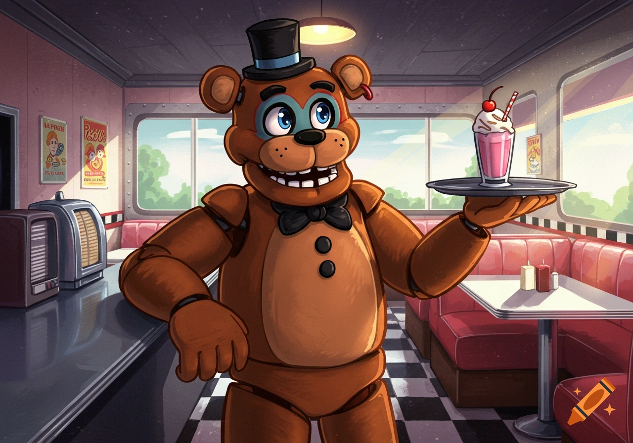 Cartoon Freddy Fazbear, an animatronic bear in a top hat and bowtie, holds a pink milkshake on a tray in a 1950s-style diner.