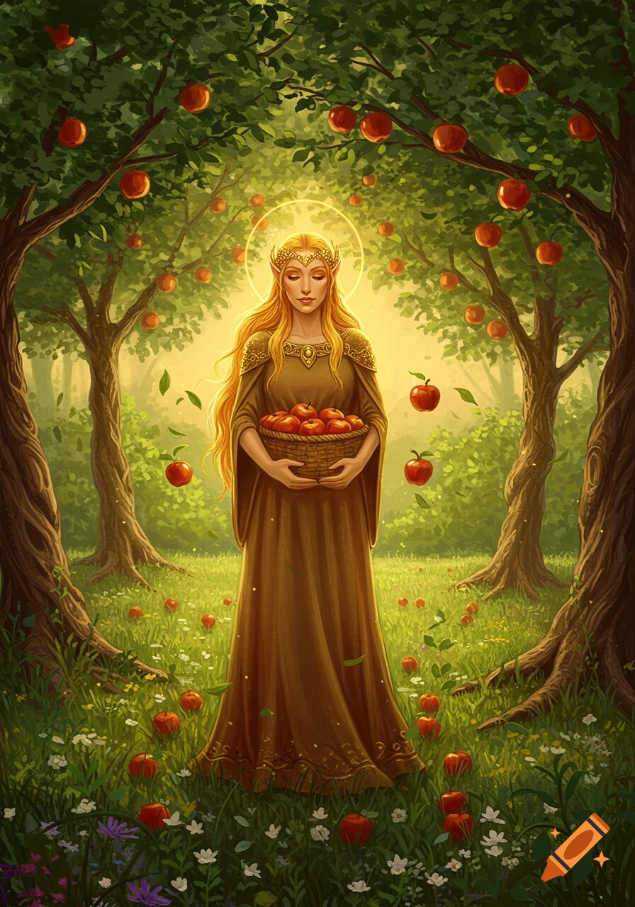 An ethereal woman with long blonde hair and a golden crown holds a basket of apples in a lush fantasy forest with apple trees and wildflowers. Illustrated.