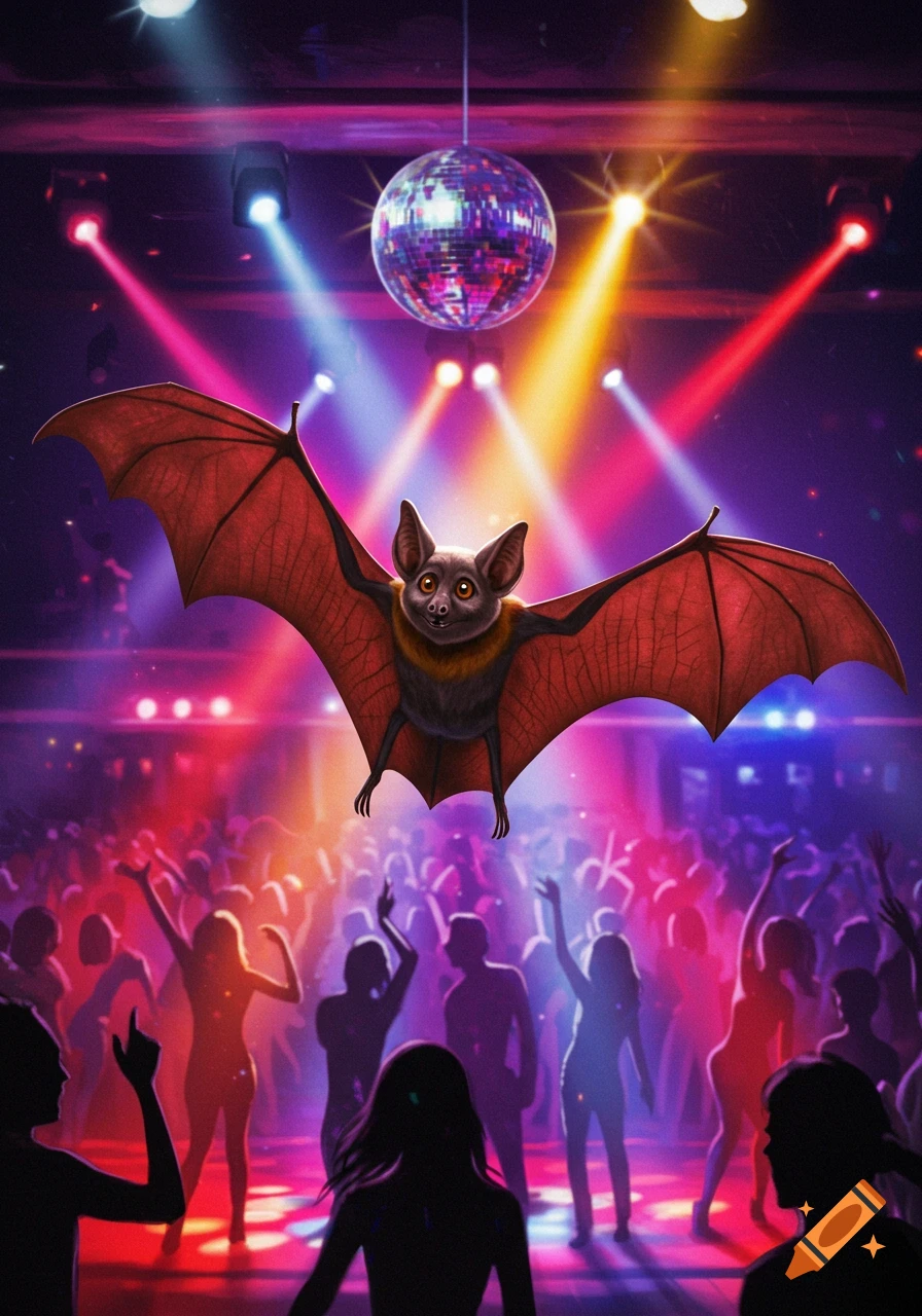 A cute bat with large red wings flies above a crowded disco floor, illuminated by a glittering disco ball and colorful spotlights.
