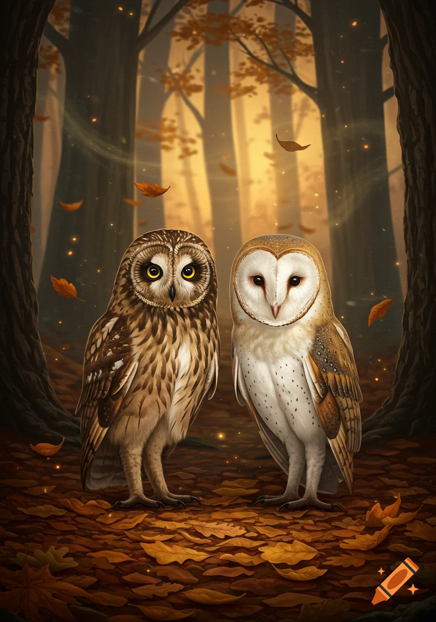 A short-eared owl and a barn owl stand side-by-side in a dim autumn forest with falling leaves. Detailed fantasy art.