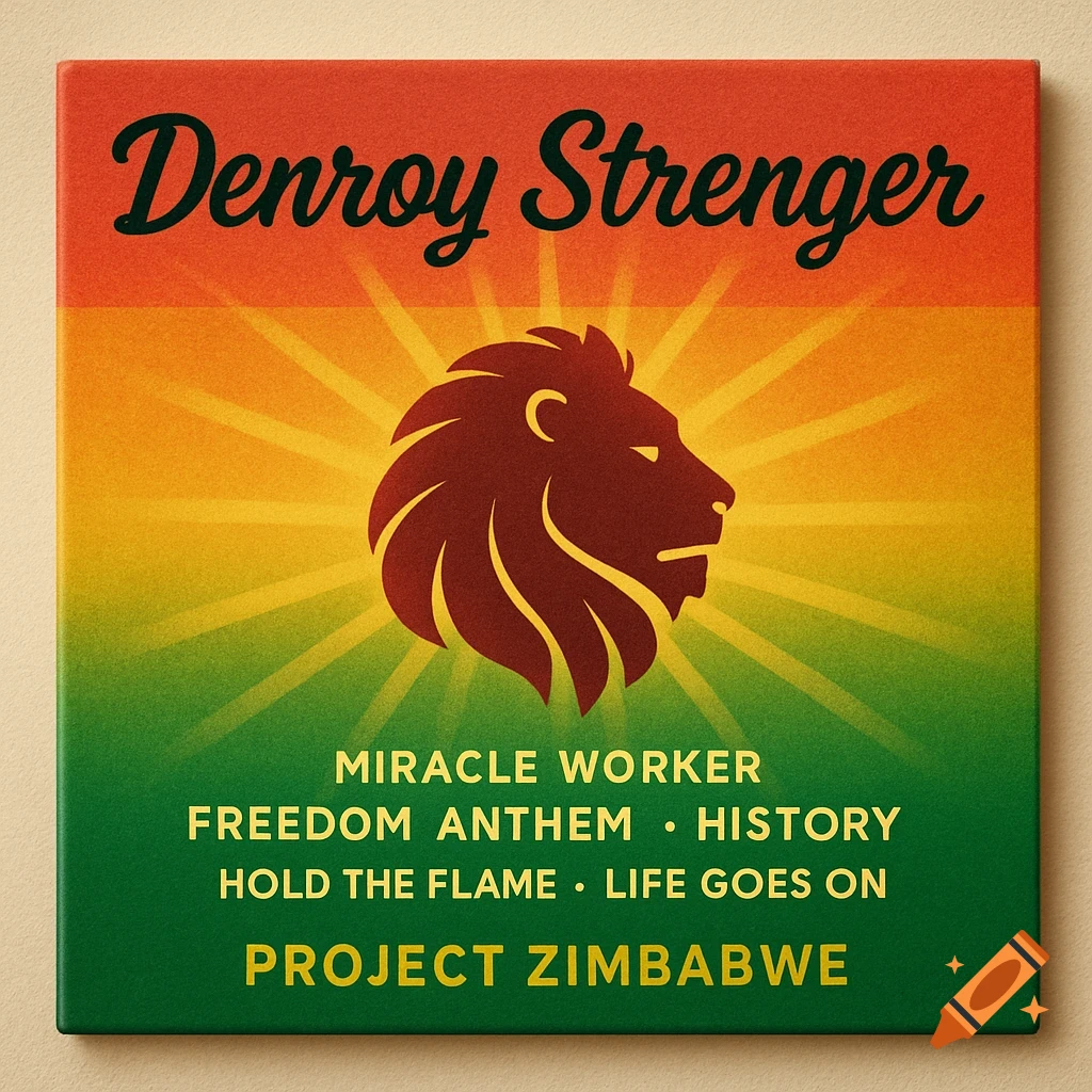 Reggae album cover with red, gold, green gradient background, a lion head silhouette, 'Denroy Strenger' and song titles.