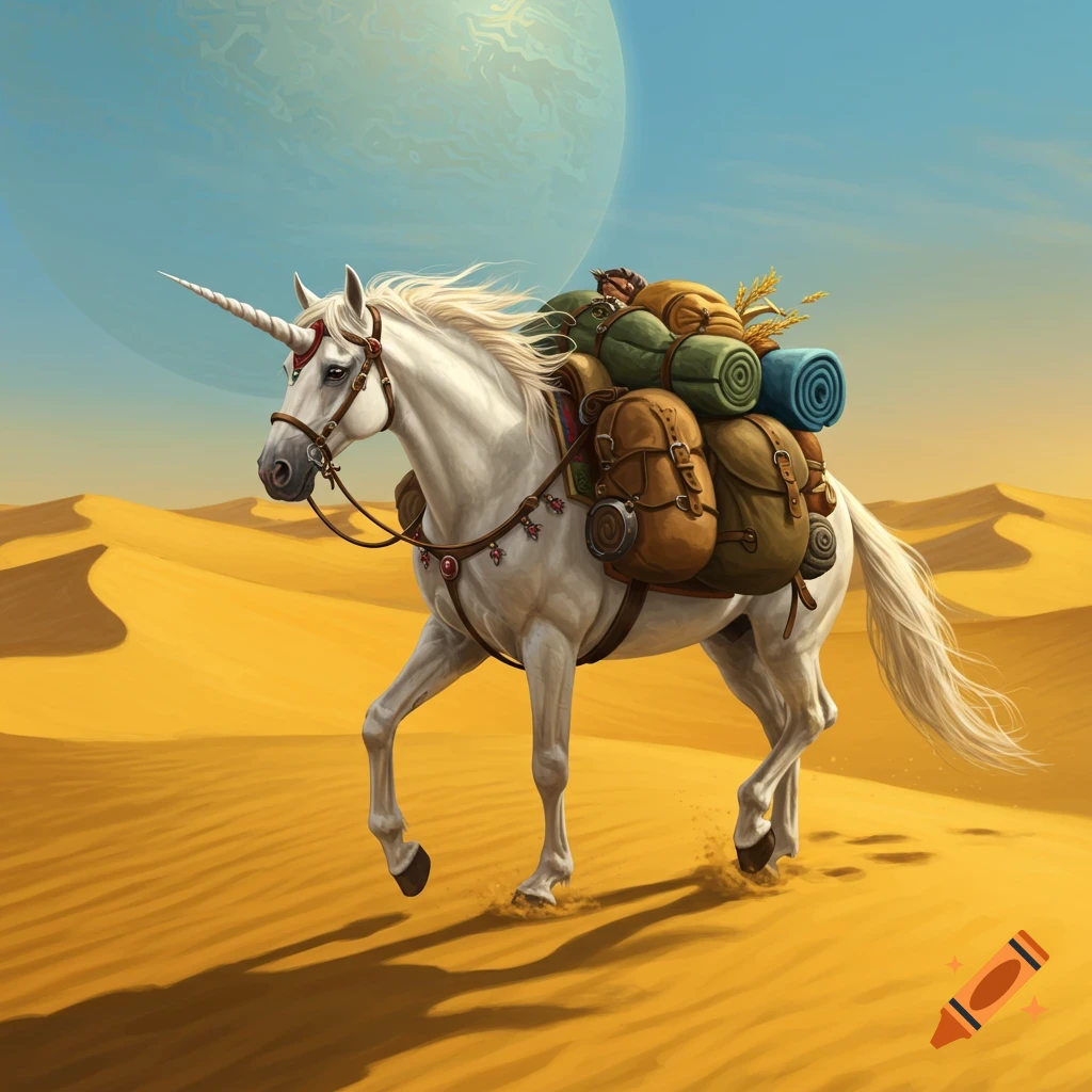 A majestic white unicorn, heavily packed, walks through a sandy desert under a sky with a large planet.