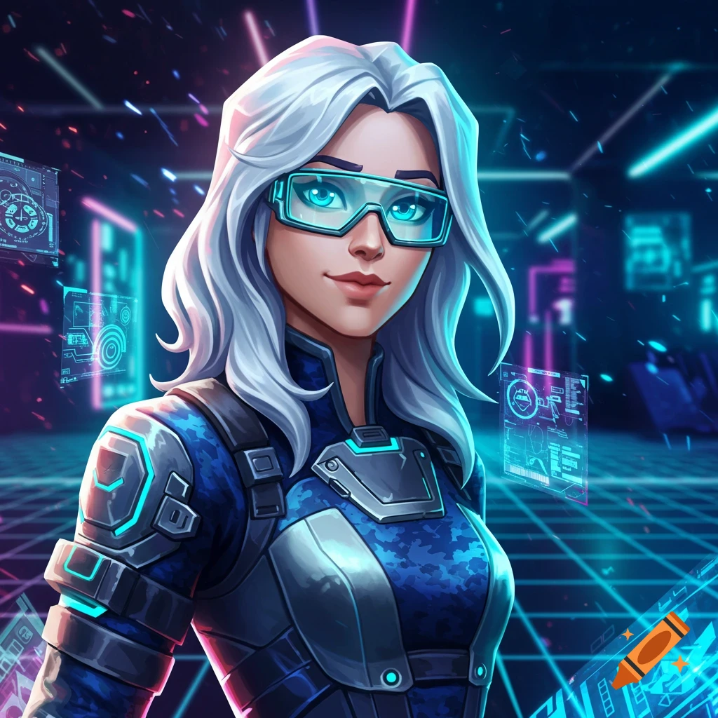 Stylized female character with white hair, blue glowing glasses, and a blue armored suit in a neon cyberpunk setting with holograms.