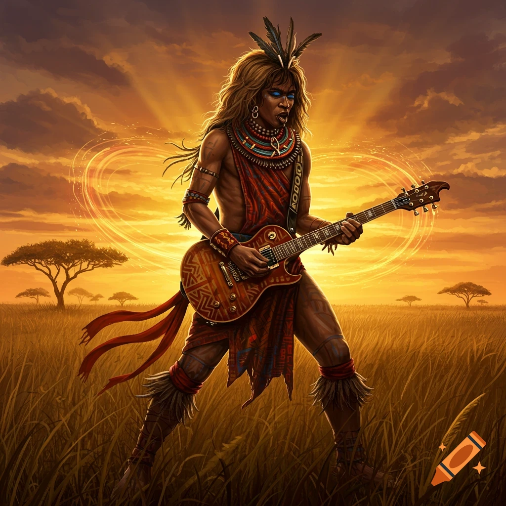 A stylized man in African attire plays an electric guitar in a savanna at sunset, with golden light.