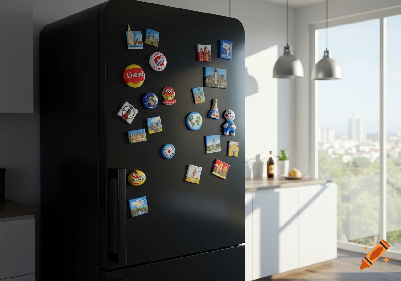 A modern black refrigerator adorned with various colorful magnets in a bright kitchen with a city view from a large window.