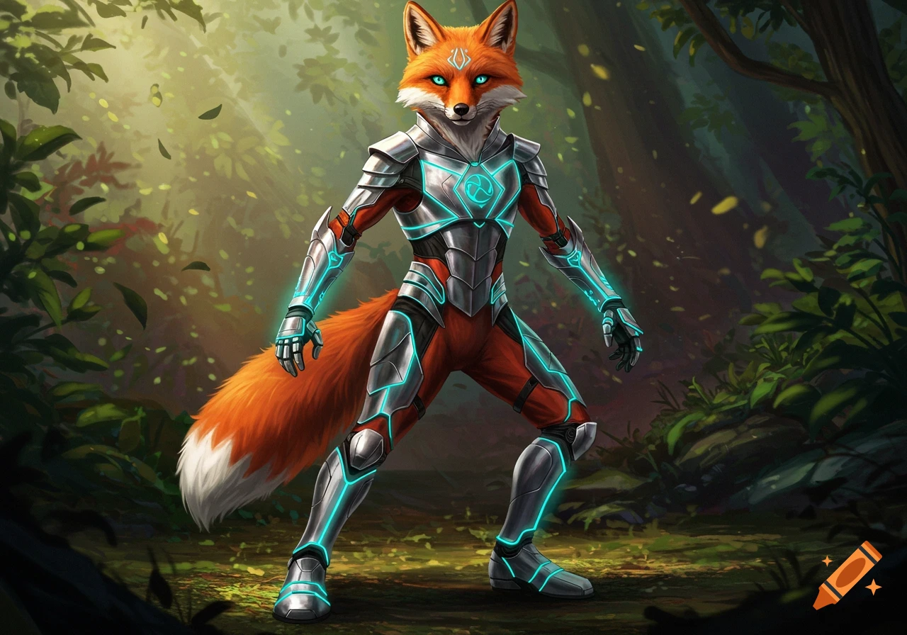 An anthropomorphic fox in glowing silver and red futuristic armor stands heroically in a lush forest.