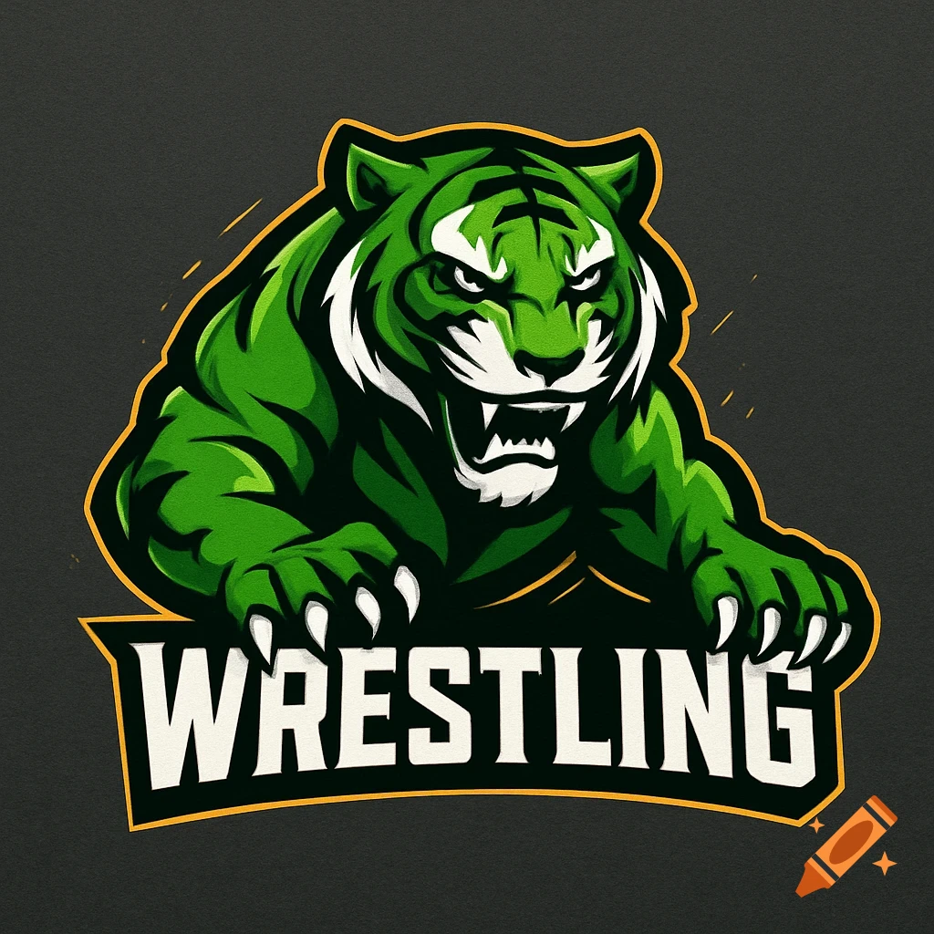 Stylized green and white tiger mascot logo with 'WRESTLING' text.