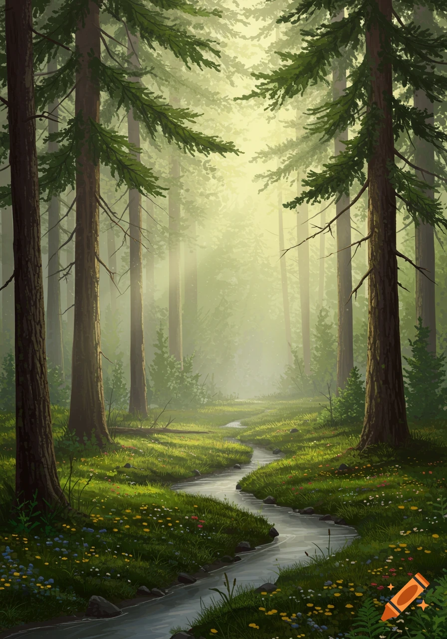 A digitally painted mystical forest with tall pine trees, sunbeams, a winding stream, and wildflowers.