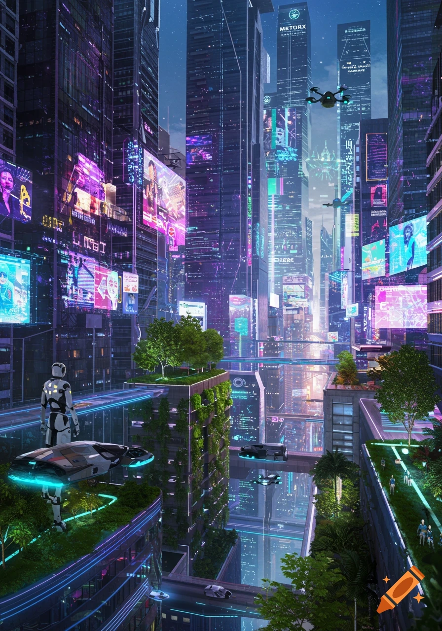 A vibrant, futuristic metropolis with towering skyscrapers, glowing neon signs, flying vehicles, and green rooftop gardens. A robot stands on a skybridge.