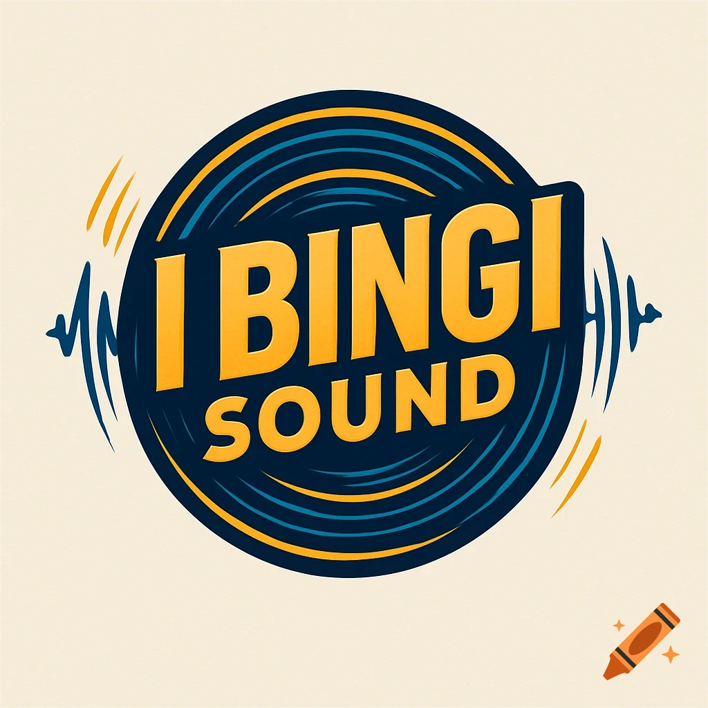 Circular logo with orange text "I BINGI SOUND" on a dark blue background, surrounded by blue and yellow sound wave graphics.