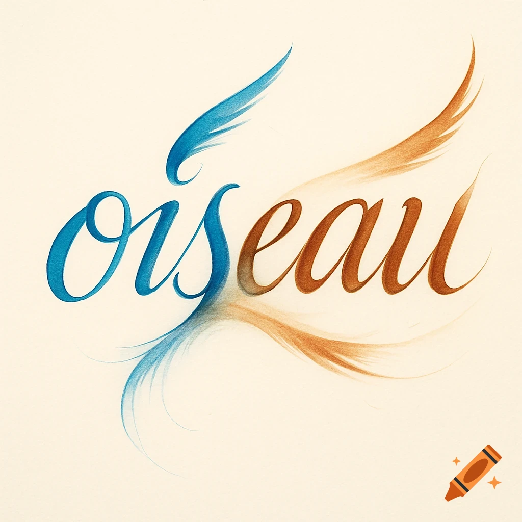 Stylized calligraphic word "oiseau" in blue and brown, with colors blending. The text transitions from blue to brown.