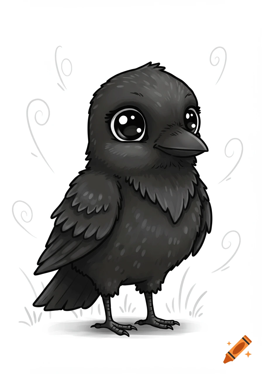 A cute cartoon black crow with large, shiny eyes stands on a white background with subtle grey swirls.