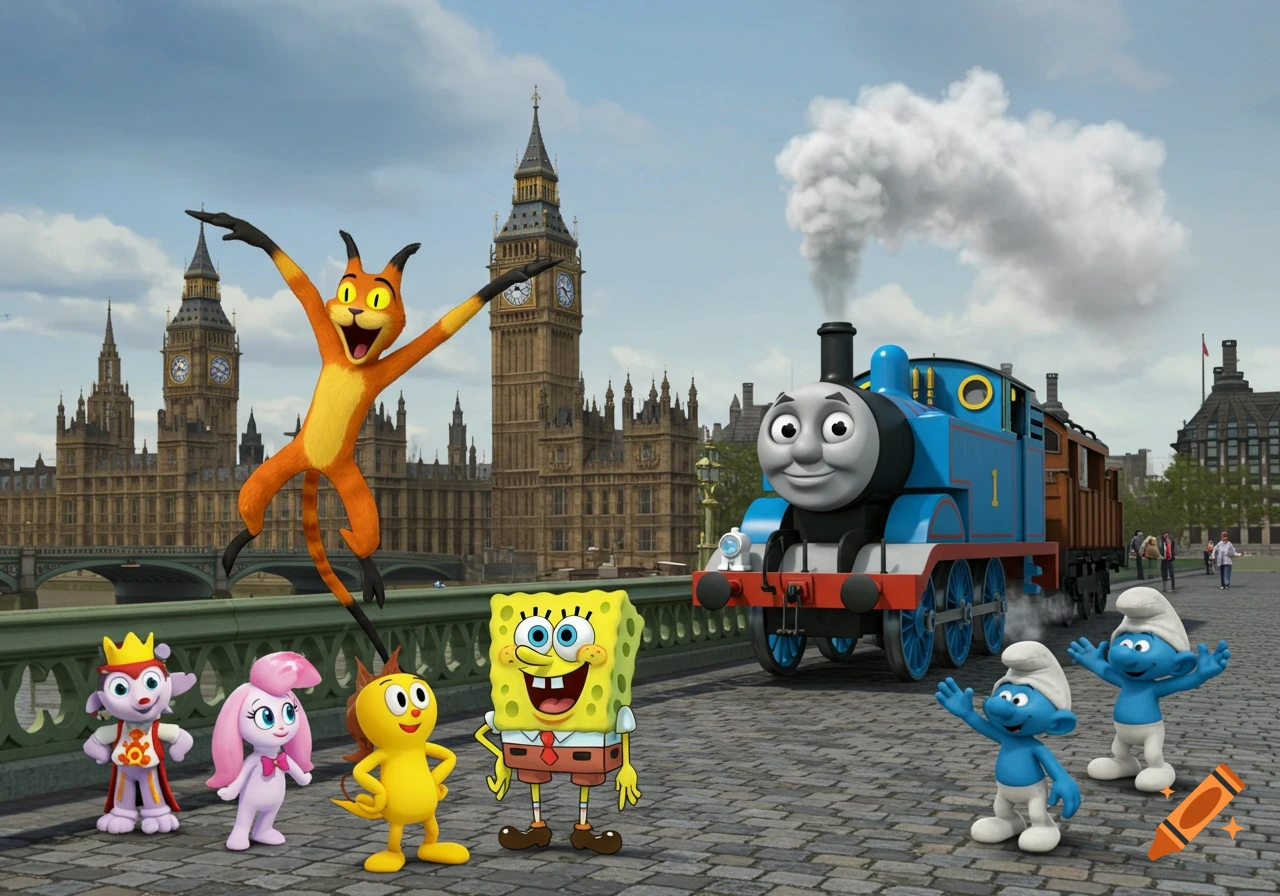 Spongebob, Thomas the Tank Engine, Smurfs, and other cartoon characters pose in front of the Houses of Parliament in London.