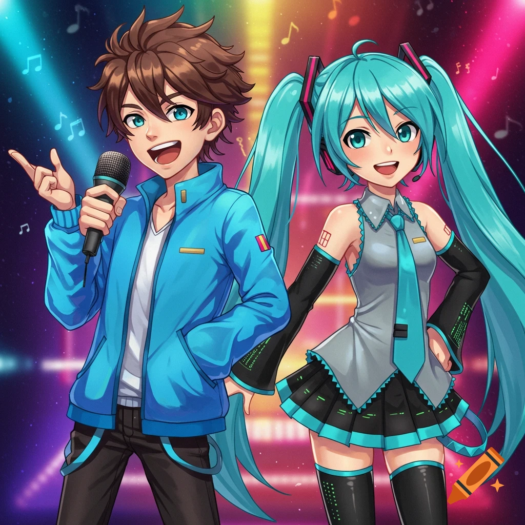 Anime boy with microphone and Hatsune Miku on a vibrant stage with musical notes.