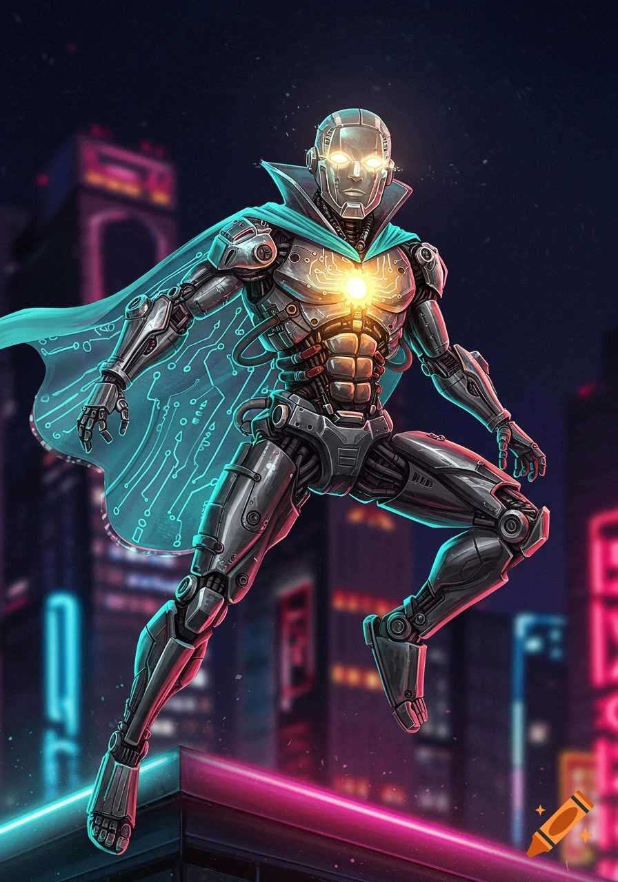 A metallic robot superhero with glowing eyes and chest and a teal circuit-patterned cape leaps above a neon-lit city at night.