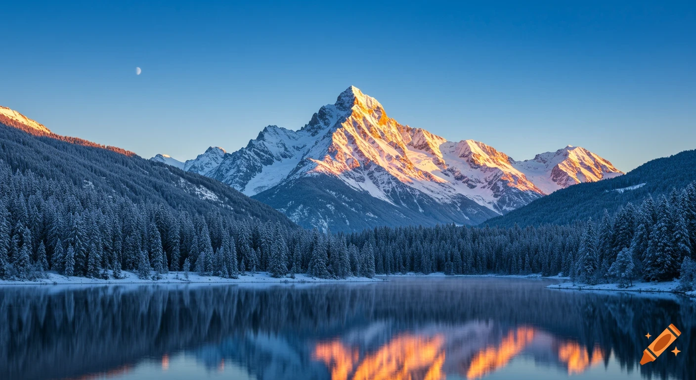 Snow-capped alpine mountains at dawn, with golden light reflecting in a still lake surrounded by a frozen forest under a blue sky.