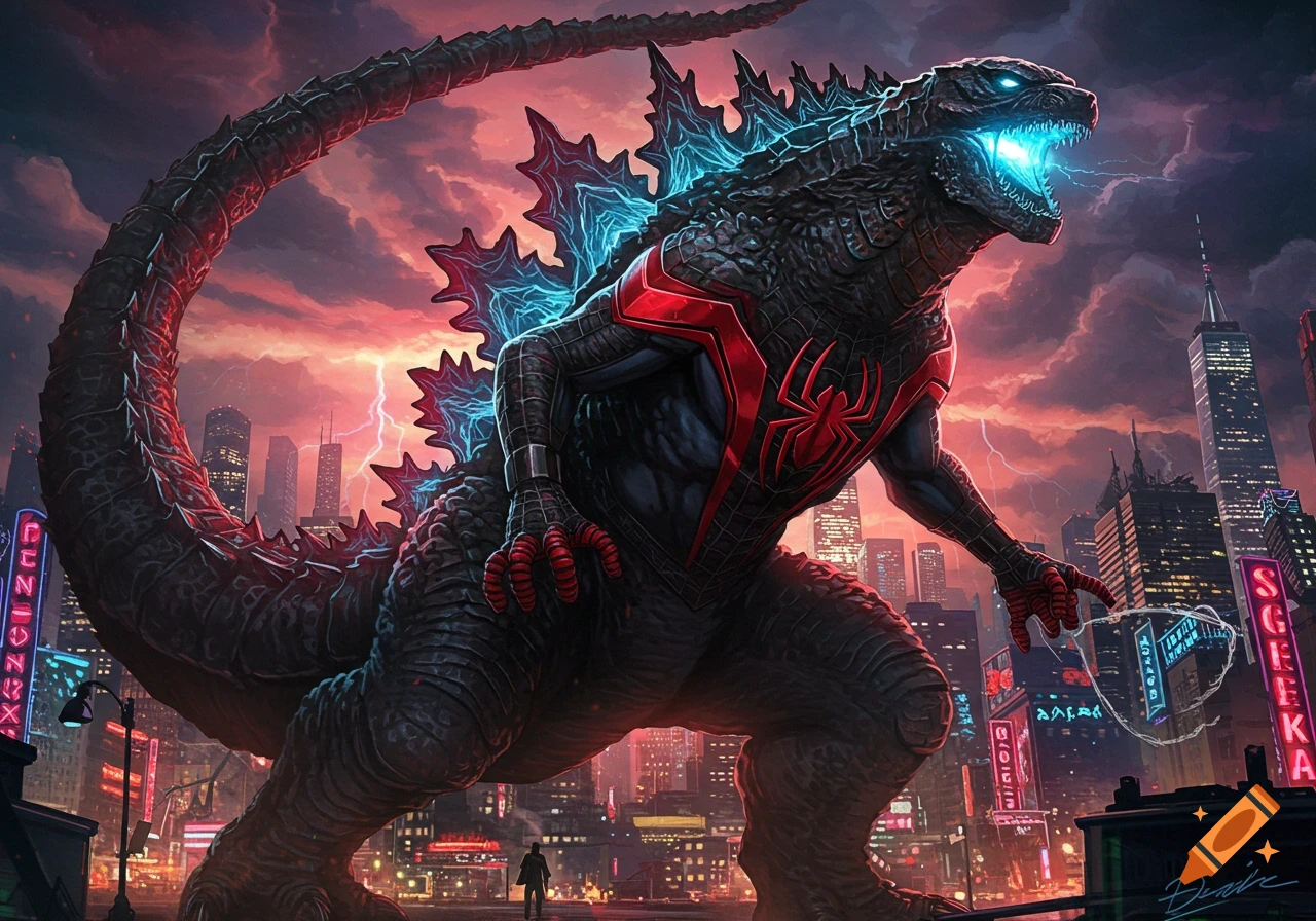 A colossal black and red Godzilla-like monster with glowing blue spikes and a red Spider-Man symbol on its chest roars in a neon-lit cityscape.
