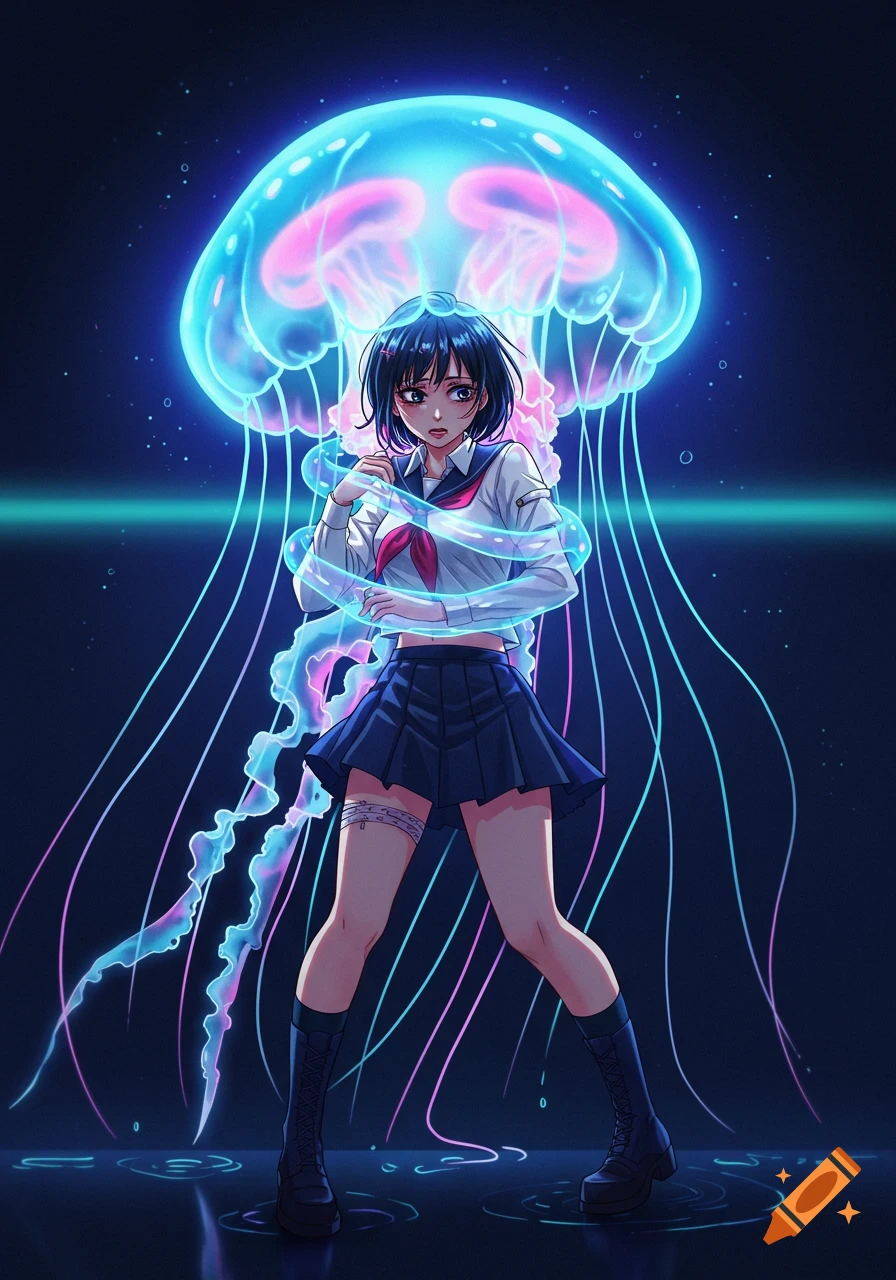 An anime girl in a school uniform and boots is entangled by the glowing tentacles of a large, luminous blue and pink jellyfish.