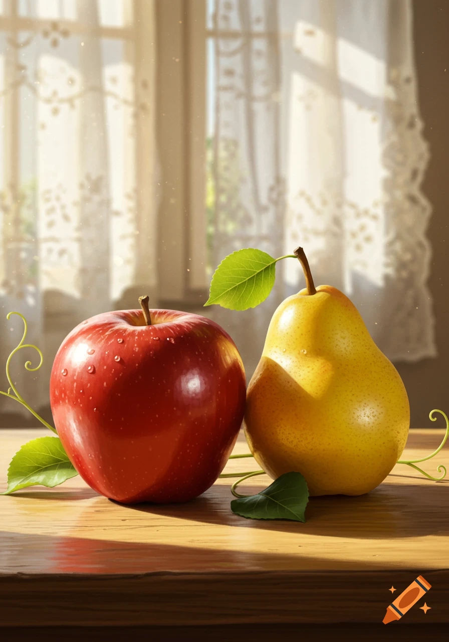 A vibrant red apple and a yellow pear with green leaves sit on a sunlit wooden table in a photorealistic still life.