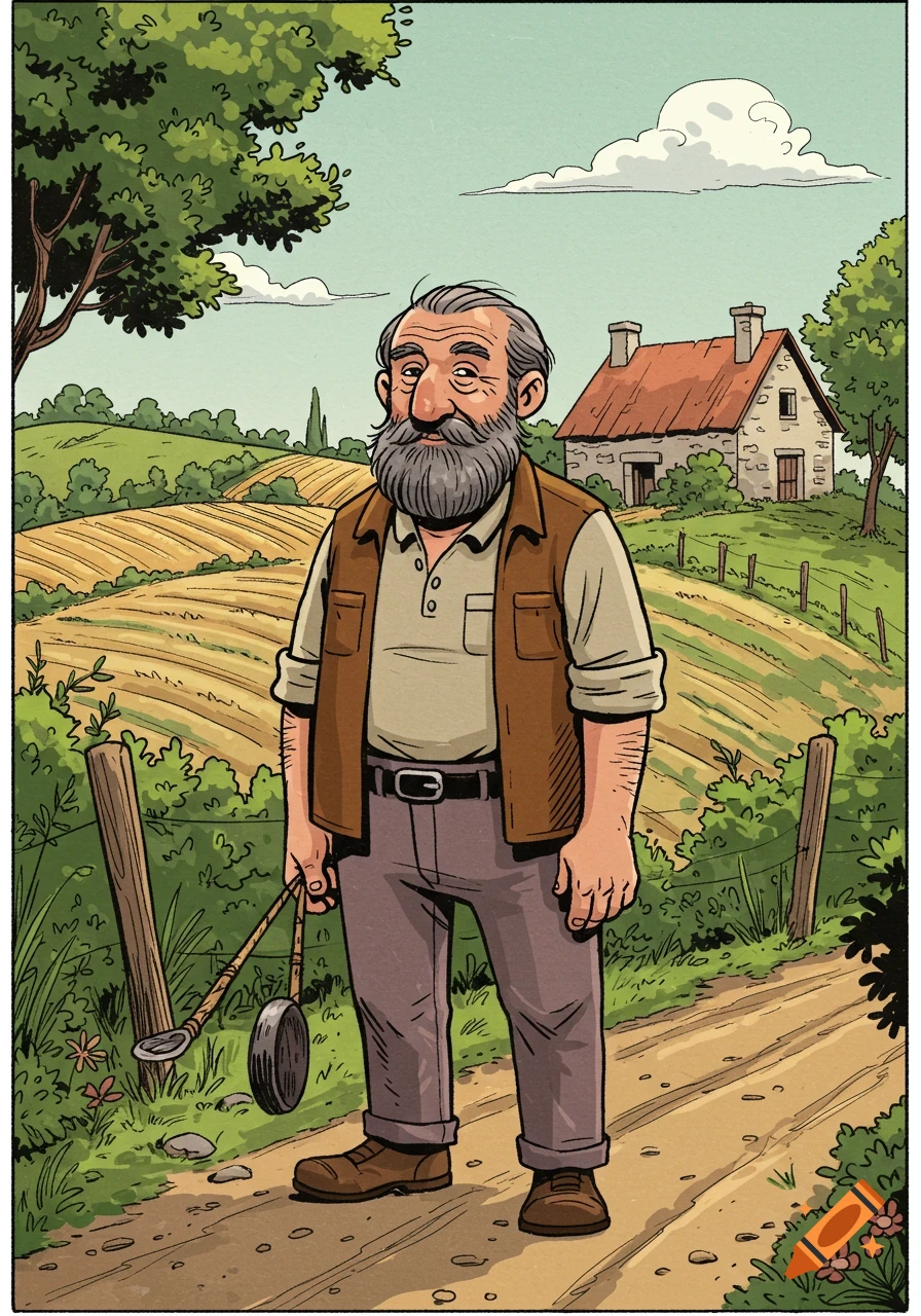 Cartoon illustration of a bearded old man standing on a dirt path in a rural landscape with fields and a farmhouse.