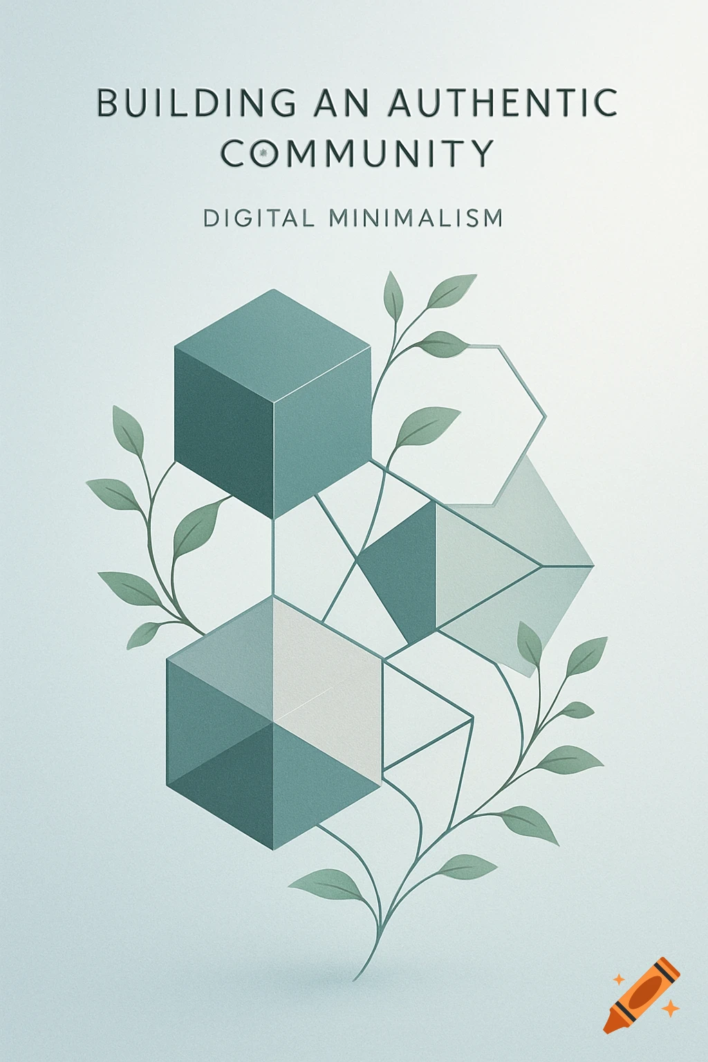 Minimalist illustration with teal and gray geometric shapes, green leaves, and text 'BUILDING AN AUTHENTIC COMMUNITY' and 'DIGITAL MINIMALISM'.