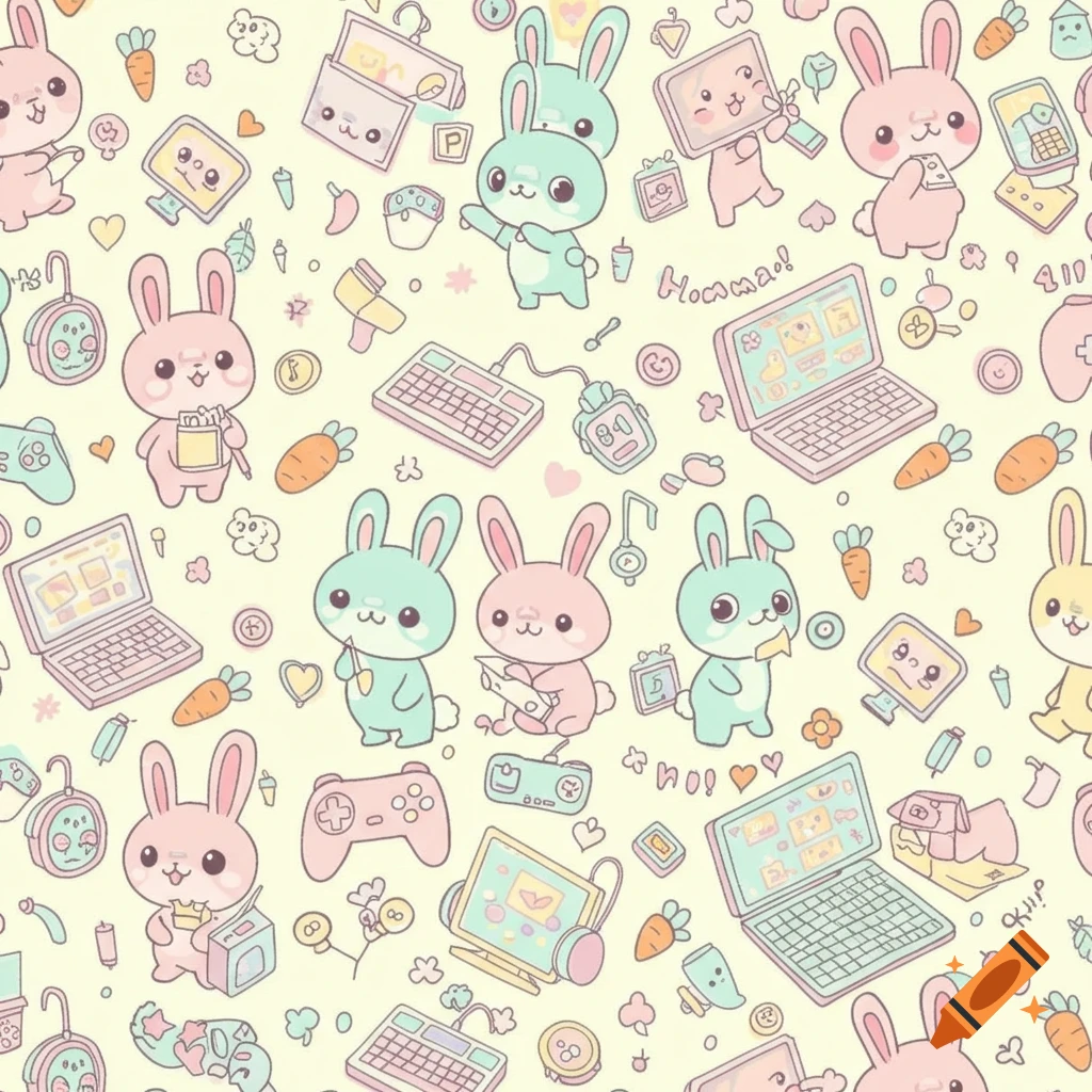 Seamless cartoon pattern of cute pink and teal rabbits, carrots, and gaming elements like controllers, keyboards, and laptops.