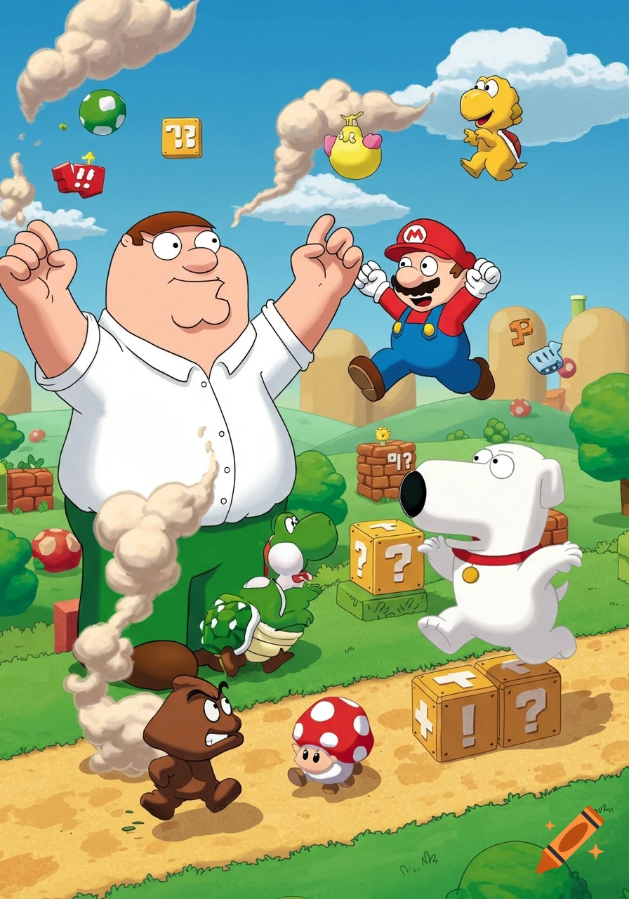 Cartoon crossover of Peter Griffin, Mario, Brian Griffin, Yoshi, Goomba, Koopa, and Toad in a vibrant Super Mario Bros. landscape.