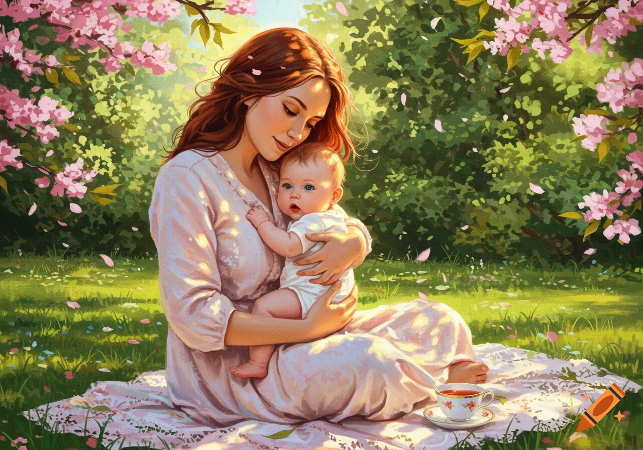 Painterly image of a loving mother holding her baby, sitting on a blanket under pink blossoming trees in a sunny garden.