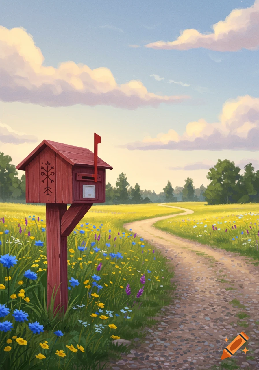 A red mailbox with a decorative symbol stands in a field of colorful wildflowers next to a winding dirt path under a cloudy sky. The path leads to distant trees.