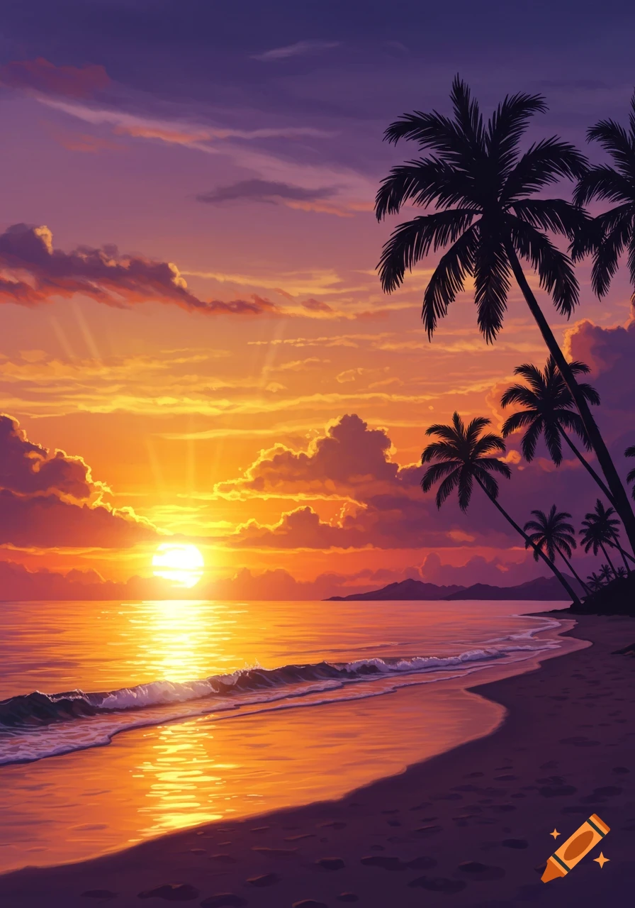 Vibrant, stylized sunset over an ocean beach with palm trees silhouetted against an orange and purple sky.