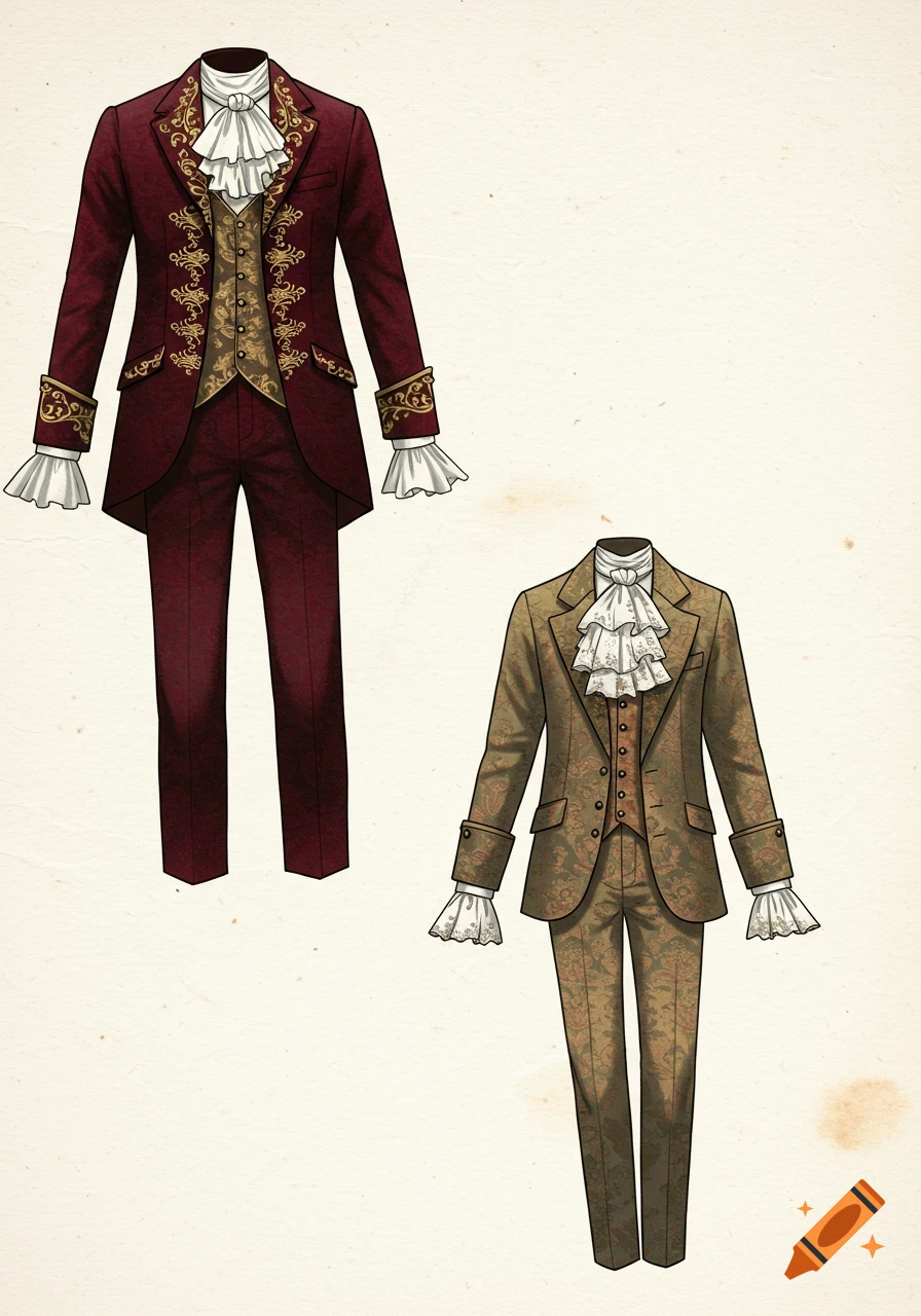 Illustration of two opulent historical men's suits: one deep red with gold embroidery, one patterned beige/gold, both with ruffled white shirts.