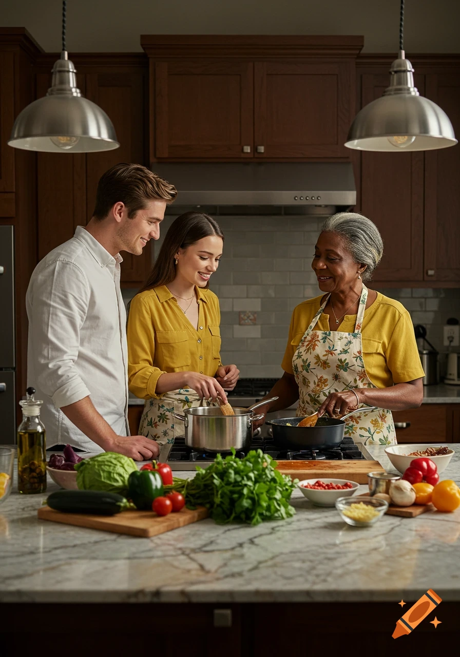 A young white man, a young white woman, and an older Black woman cook together in a modern kitchen with vegetables on a marble counter.