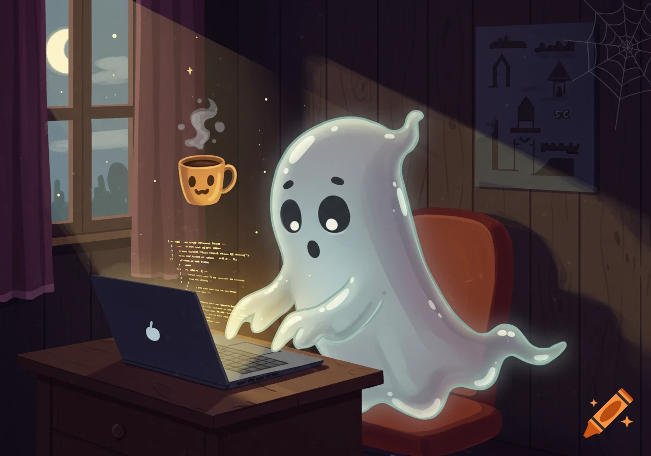 A cute cartoon ghost developer types on a glowing laptop in a dark, spooky office, with a floating coffee mug and moonlight from a window.
