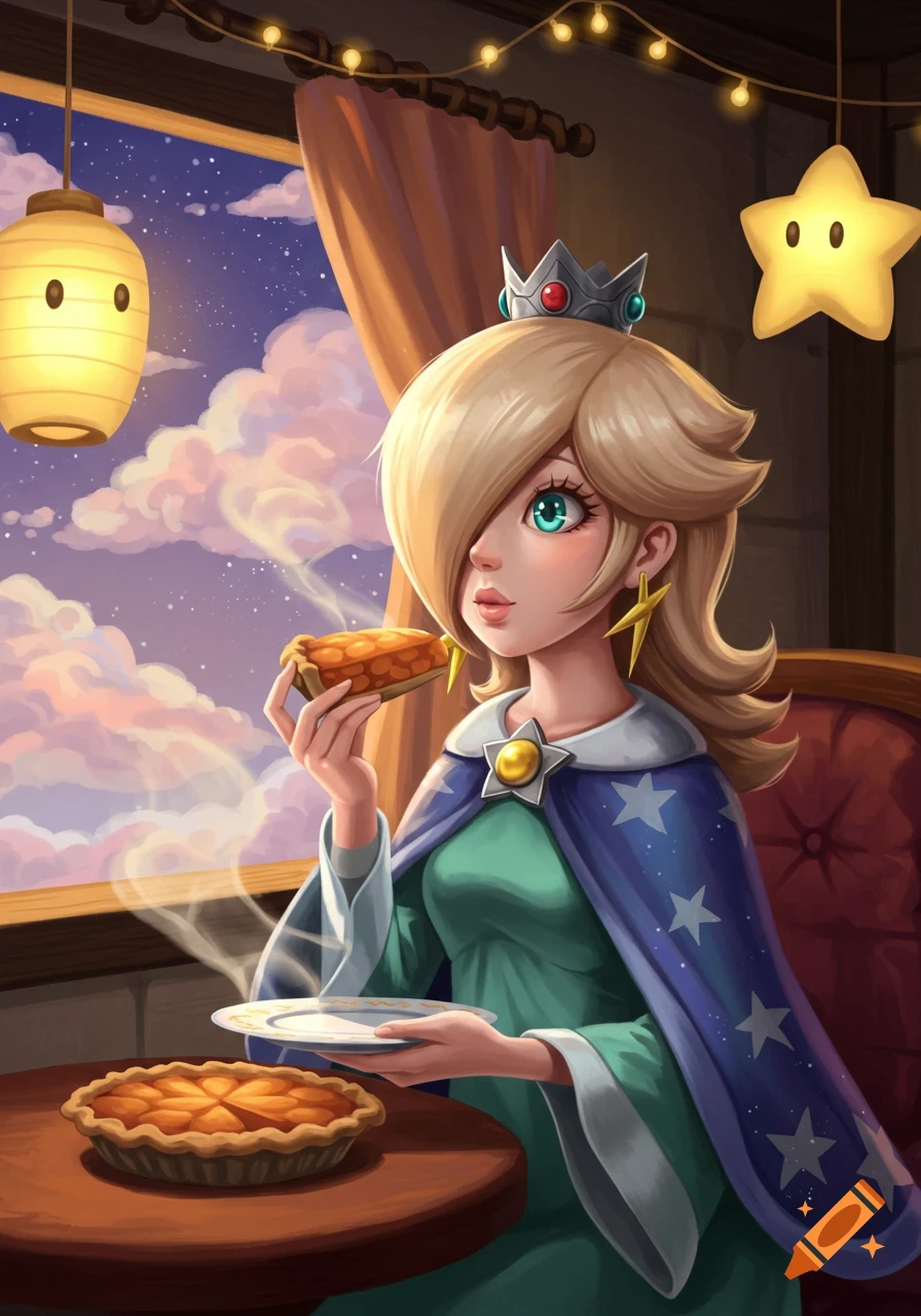 Princess Rosalina, with blonde hair and a crown, sits by a window eating a slice of apple pie, a whole pie on the table, in an illustrated style.