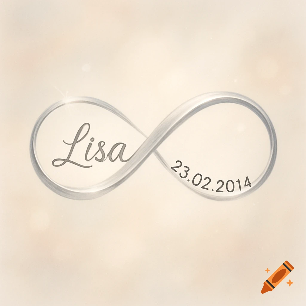 A shimmering silver infinity symbol containing the name Lisa and the date 23.02.2014 on a soft beige background.