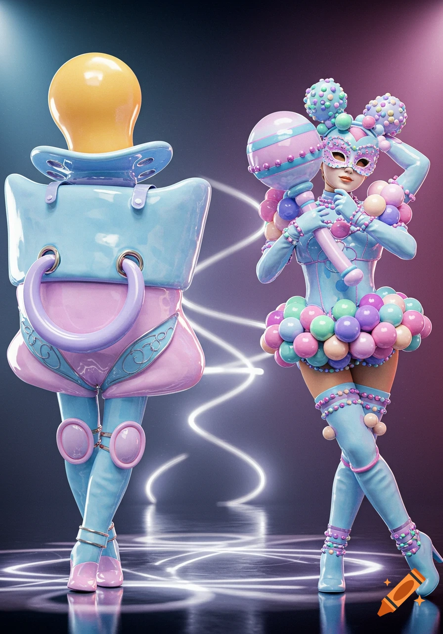 Two figures in pastel costumes: one a giant pacifier, the other a masked person in a rattle-themed outfit, on a reflective stage.