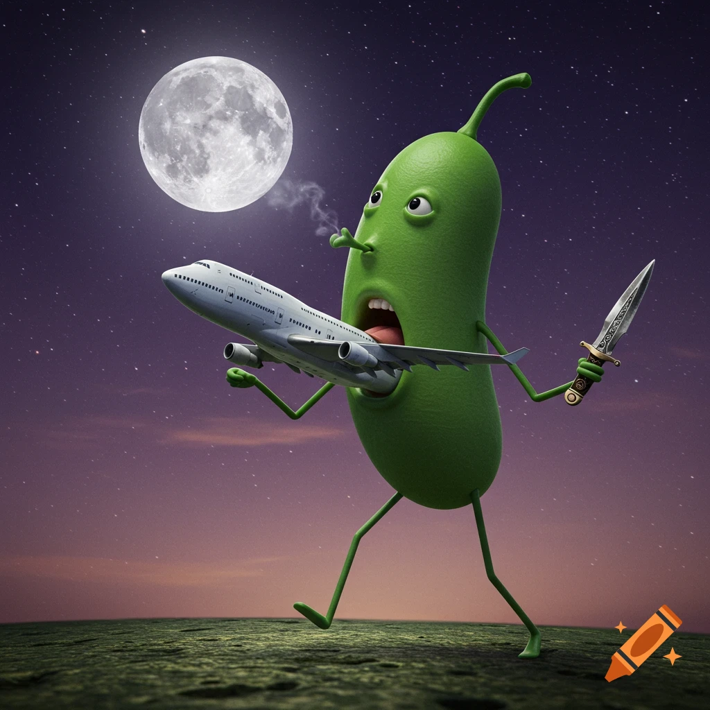 A surreal green pickle-like creature with stick limbs eats a Boeing 747, holds a dagger, and smells the moon under a starry night.
