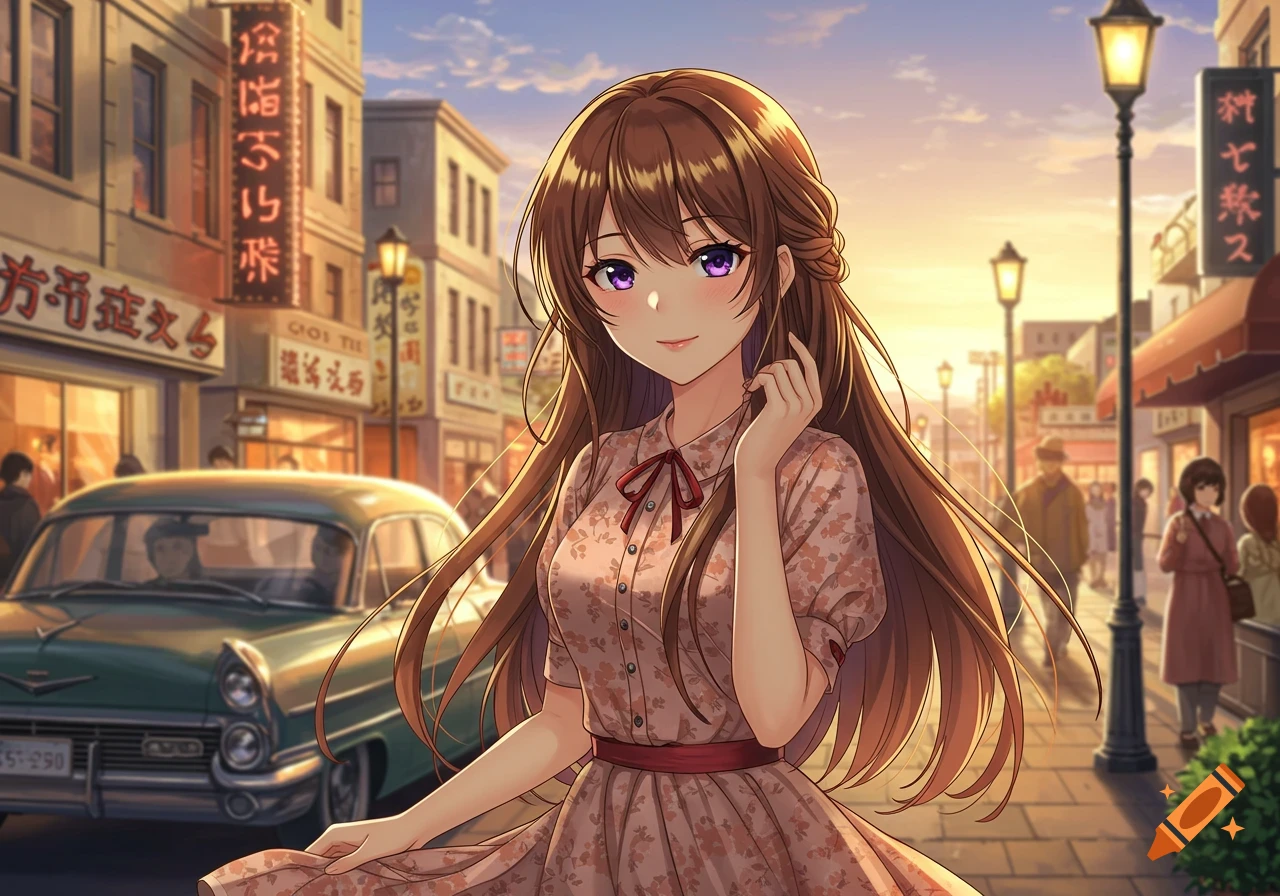 Anime woman with brown hair and purple eyes in a 1950s floral dress, smiling on a bustling city street at sunset.