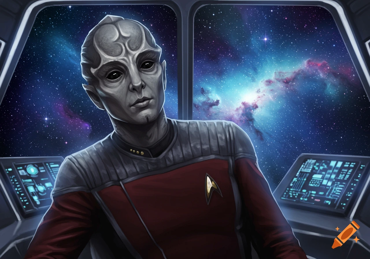 An illustrated grey-skinned alien in a Starfleet uniform in a spaceship cockpit, looking at a vibrant nebula in space.