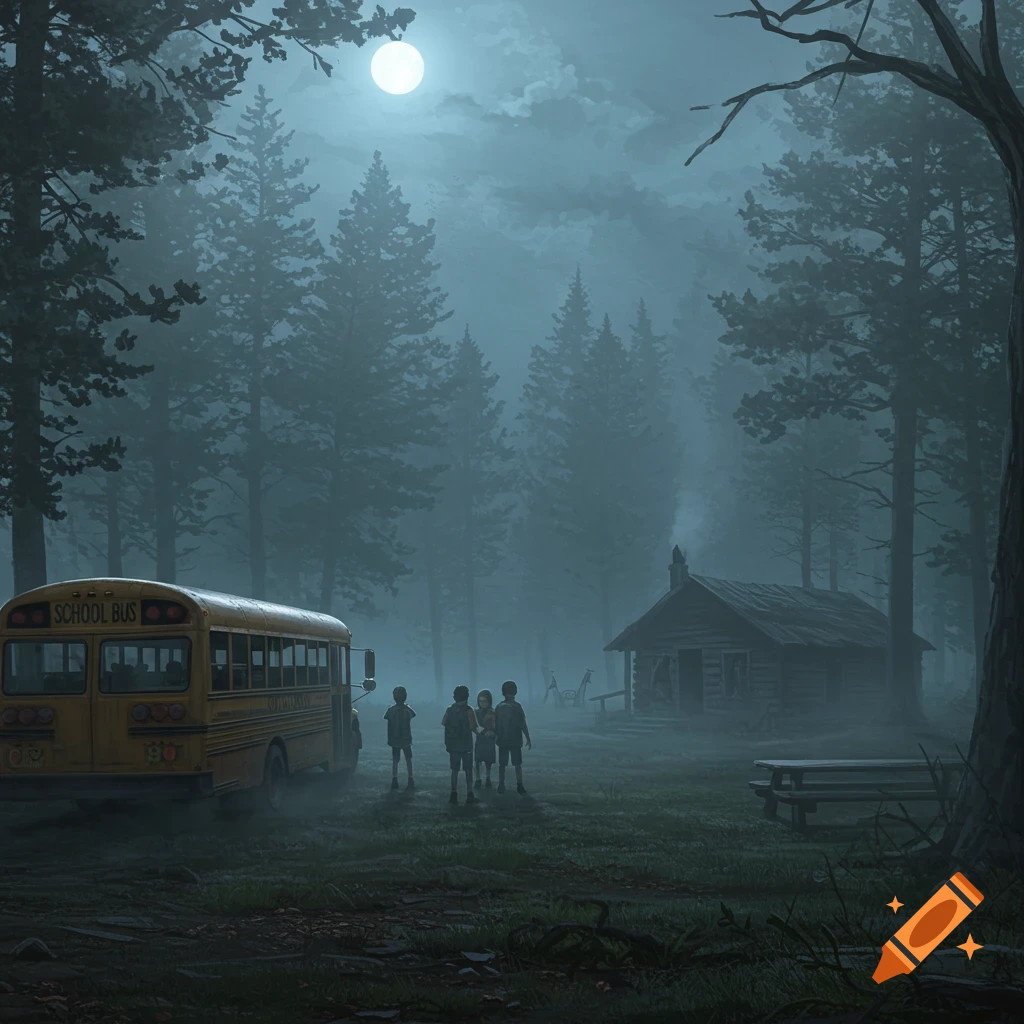 A spooky, foggy forest at night, with a school bus, four children, and a log cabin under a full moon.