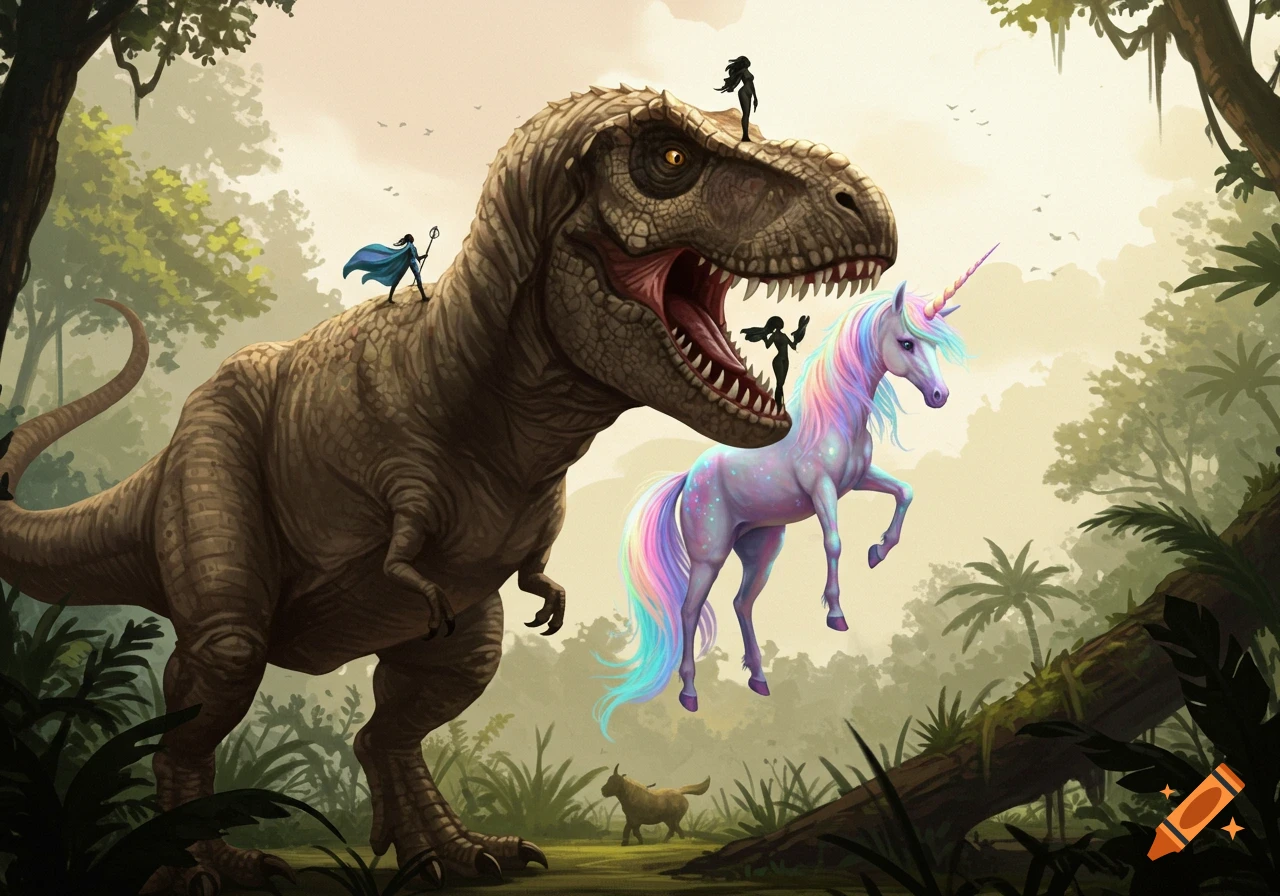 A large T-Rex stands in a lush jungle, with three small human silhouettes on its back and head. A colorful unicorn floats near its open mouth.