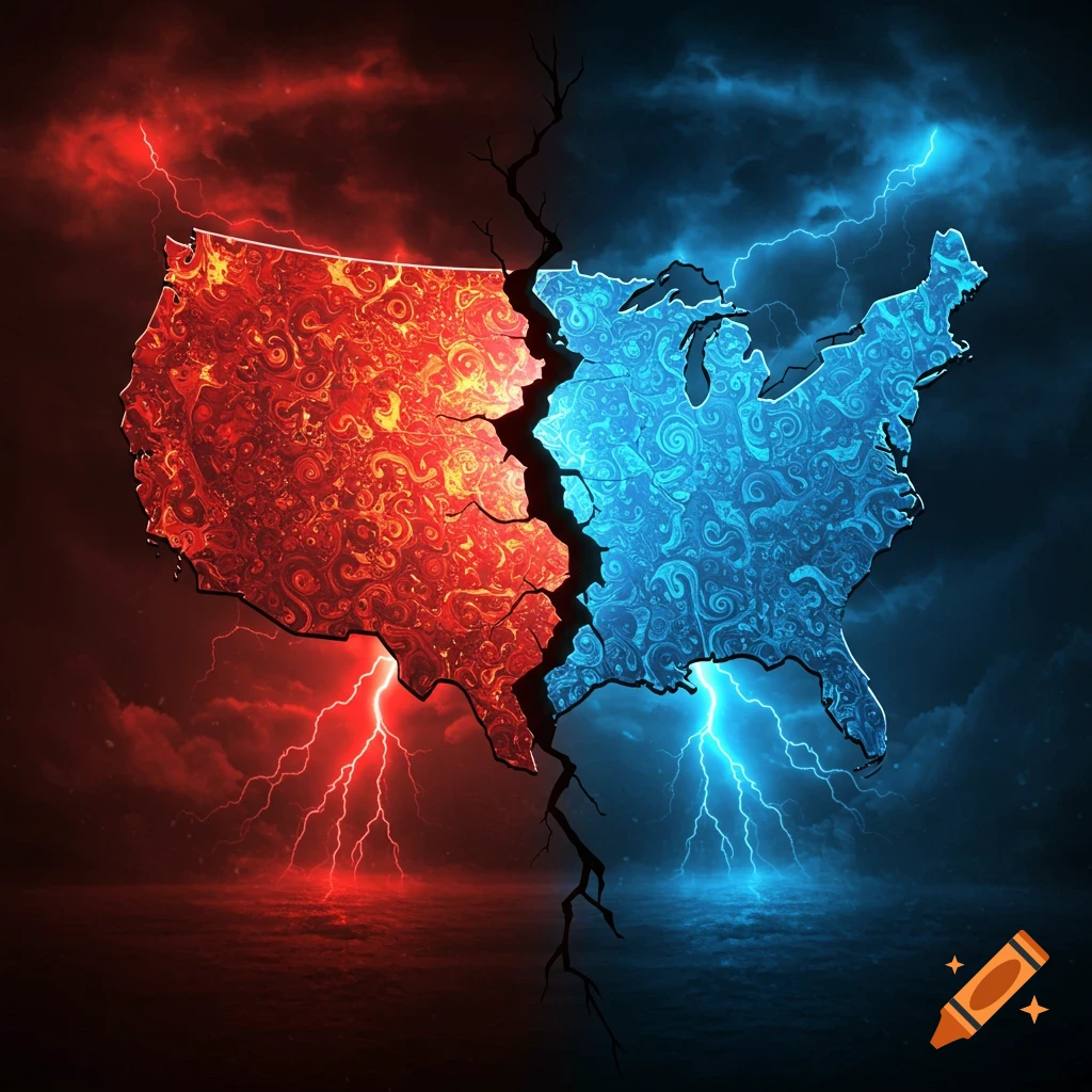 A dramatic, symbolic depiction of the United States map split in two, with one side red and the other blue, surrounded by lightning and dark clouds.
