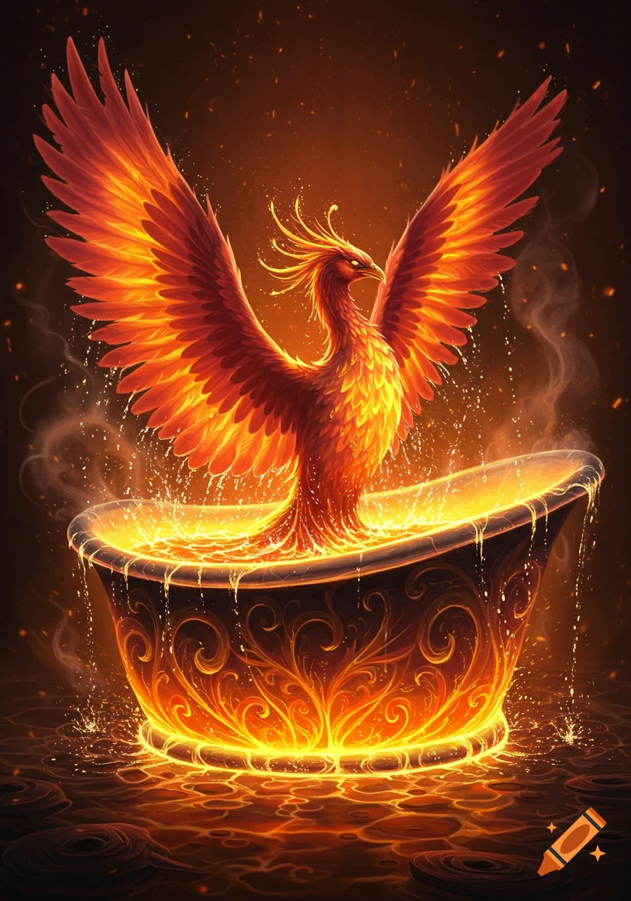 A vibrant, fiery phoenix with outstretched wings stands in an ornate, glowing bathtub filled with splashing liquid fire.