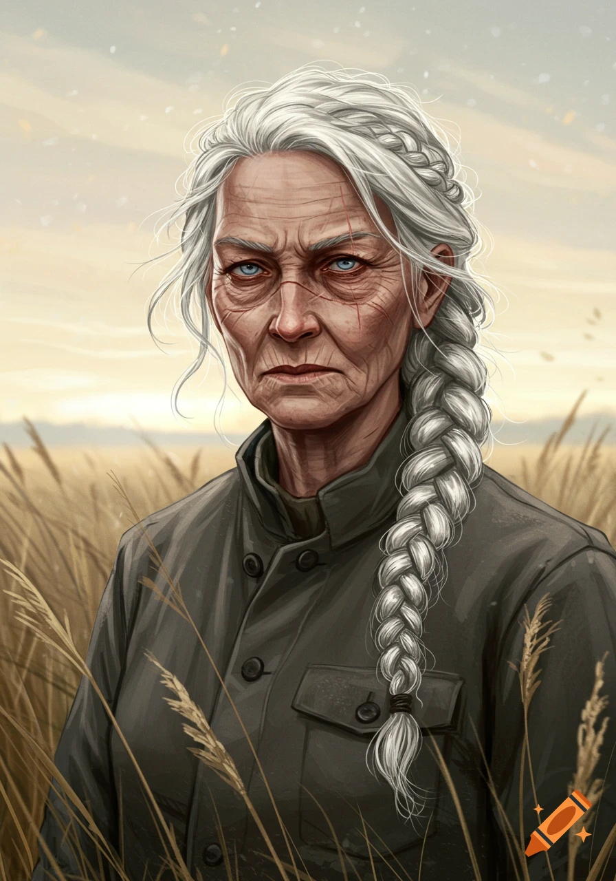 A detailed digital art portrait of an older woman with silver braided hair, blue eyes, and a facial scar, wearing a military-style jacket in a field.