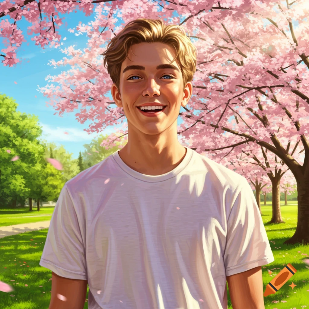 A smiling young man in a white t-shirt stands among pink cherry blossom trees in an illustrated park.