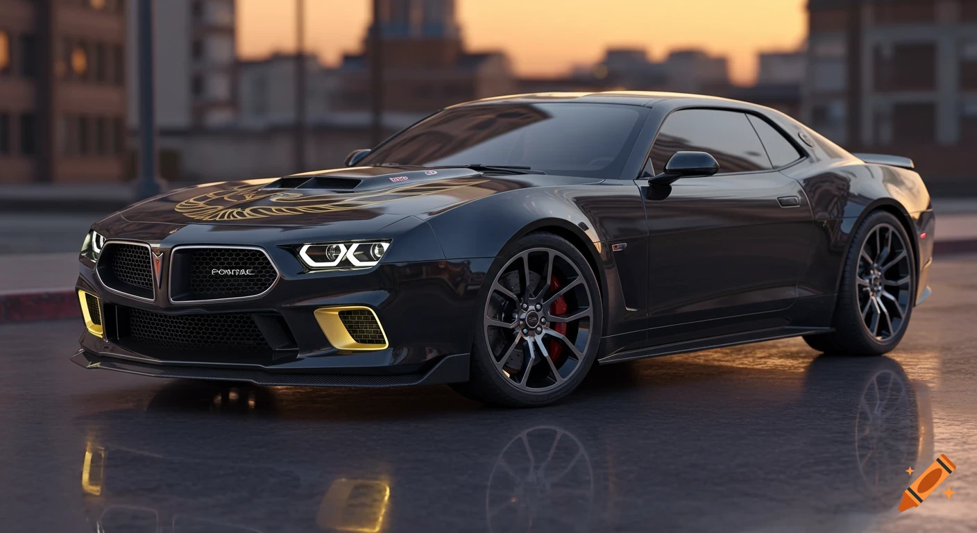 A photorealistic futuristic black Pontiac sports car with gold accents and LED headlights on a reflective urban street at sunset.