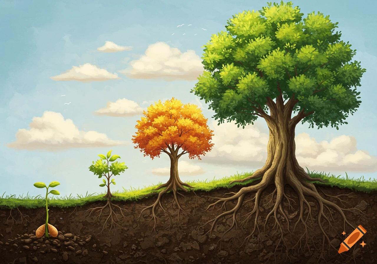Illustration showing the growth stages of a tree, from a small sprout to a mature tree with extensive roots, under a blue sky.