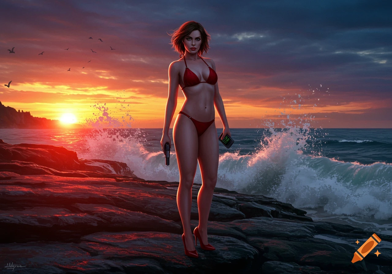 A female spy in a red bikini and high heels stands on rocks by the ocean at sunset, holding a gun and a device.